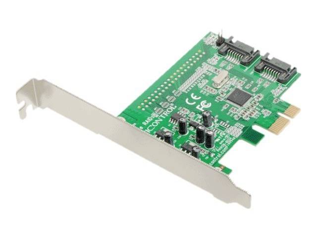 Zelena PCIe proširna kartica s nekoliko crnih i srebrnih komponenti, uključujući dva SATA priključka i elektroničke sklopove.