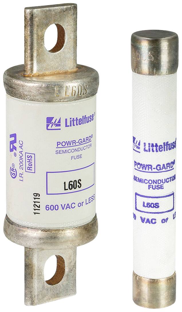Dvije osigurač od Littelfusea: lijevo veća cilindričnog oblika, desno manja. Natpisi: 'POWR-GARD', 'L60S', '600 VAC'.