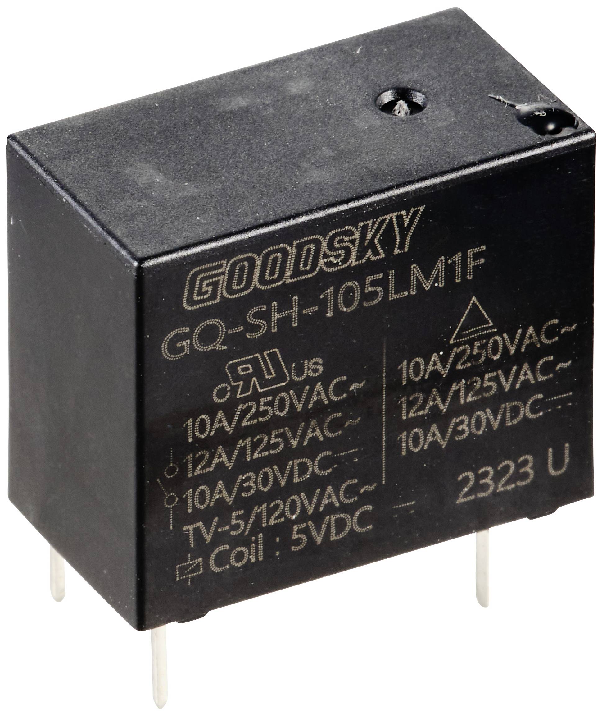 'GQ-SH-105LM1F' Relej, crna pravokutna kutija, 5 kontaktnih iglica, oznaka: napon i struja za različite primjene.