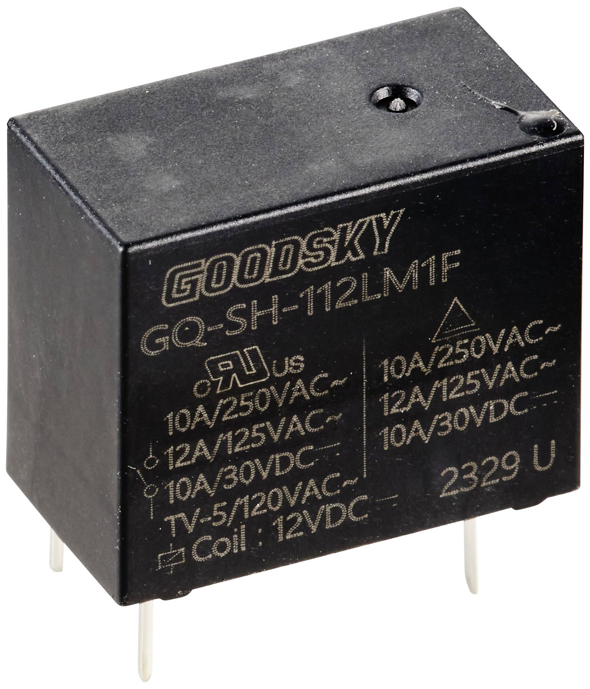 Crni elektronički relej tvrtke Goodsky, modelnog broja 'GQ-SH-112LM1F', prikazuje različite specifikacije napona i struje.