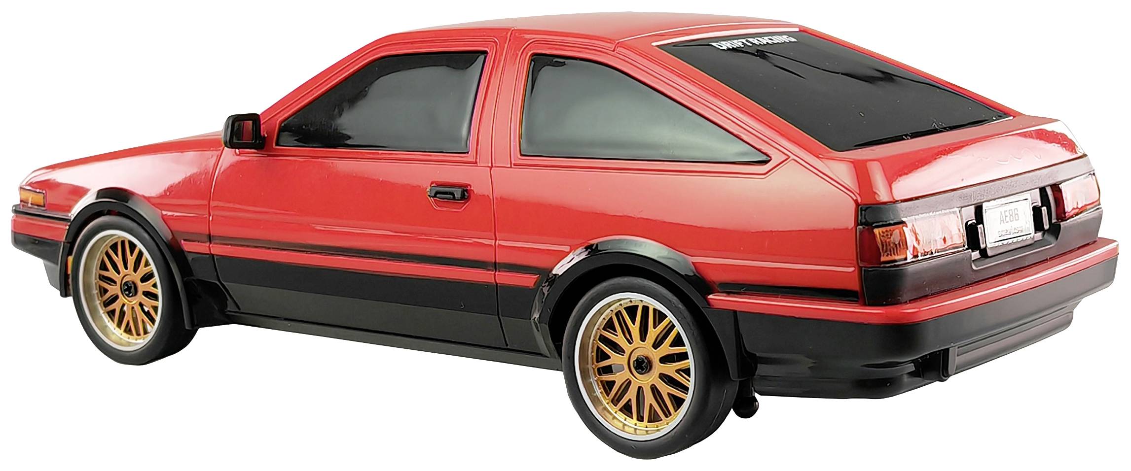 Crveni model automobila klasičnog sportskog kupea sa crnim detaljima i zlatnim naplatcima, pogled s bočne stražnje strane.