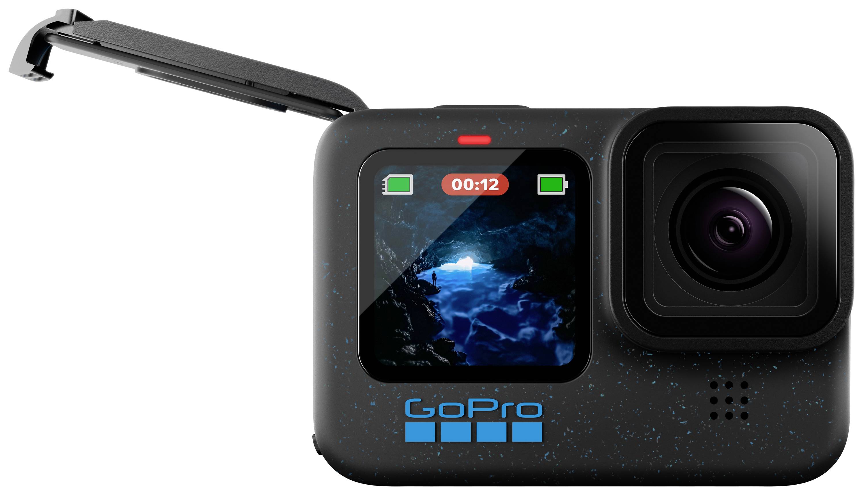 GoPro kamera s bočno otvorenim pretincem za bateriju i zaslonom koji prikazuje podvodnu snimku. Idealna za outdoor aktivnosti i sport.