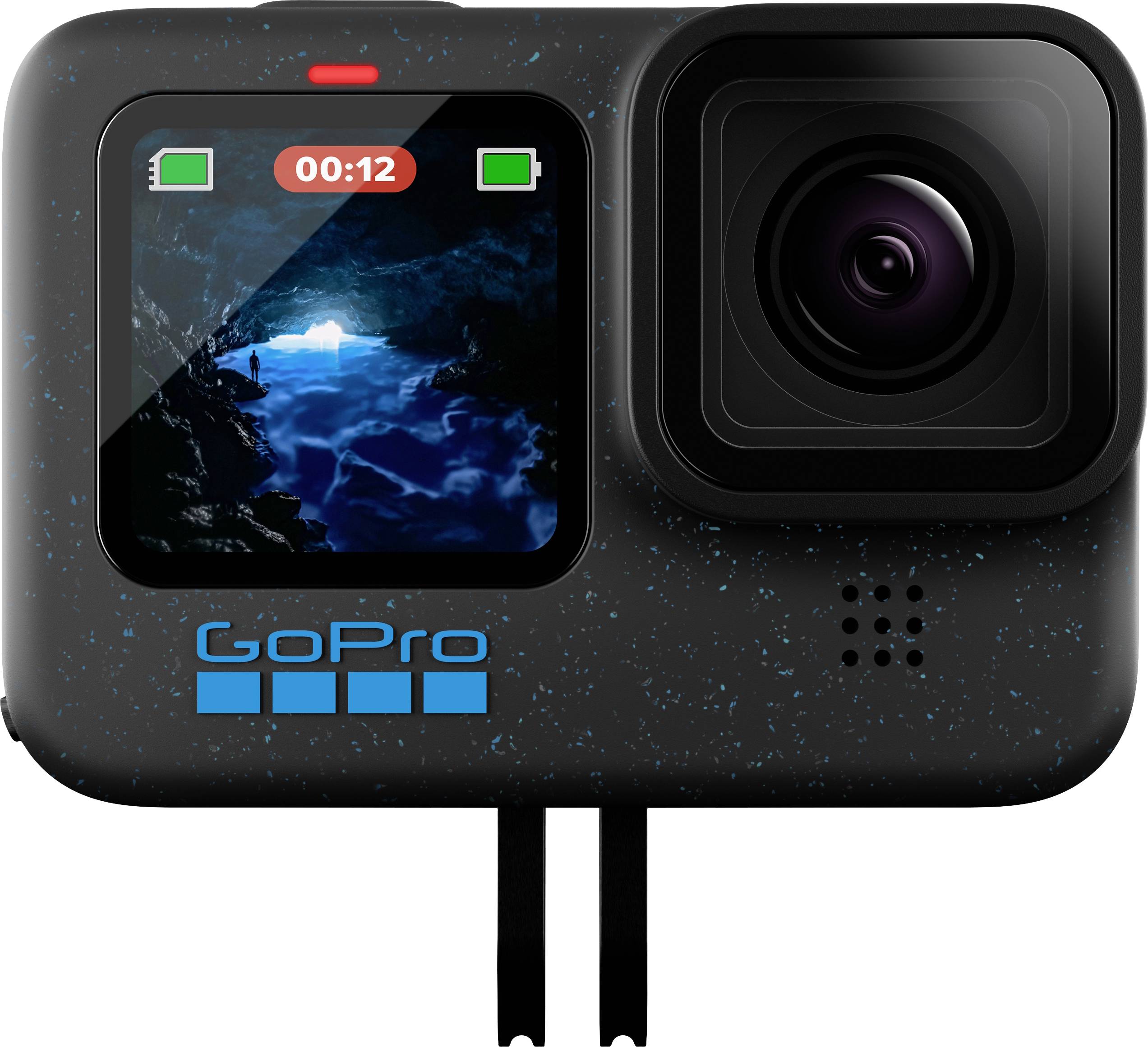 Crna GoPro kamera s zaslonom koji prikazuje sliku špilje s plavom vodom. Kamera pokazuje vrijeme snimanja od 00:12.