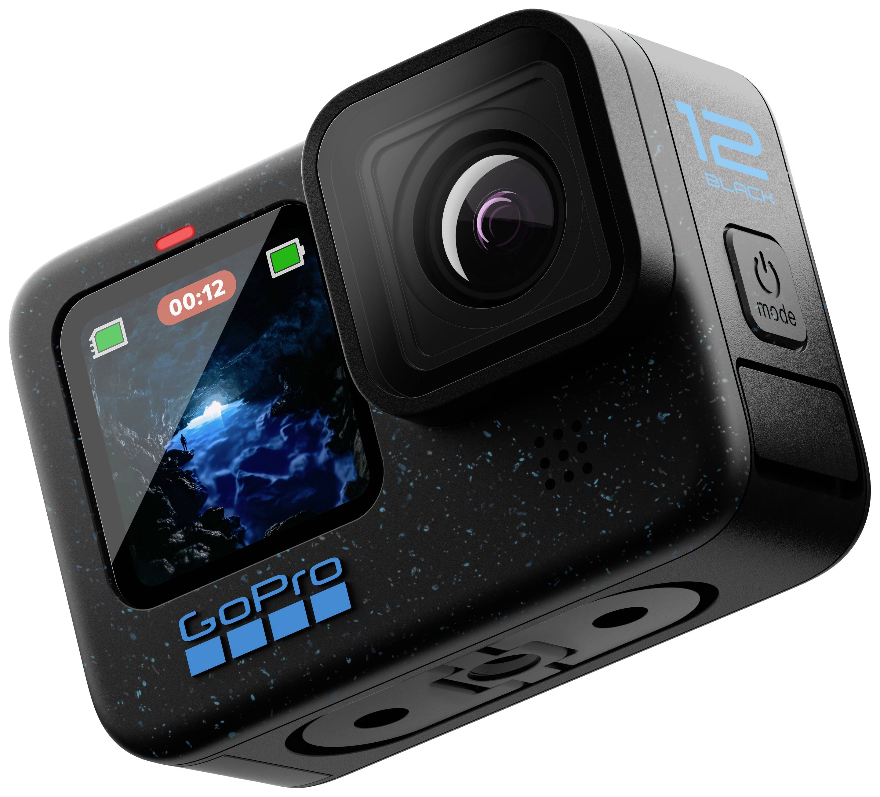 GoPro kamera s zaslonom prikazuje sliku špilje. Vrijeme snimanja je 00:12.