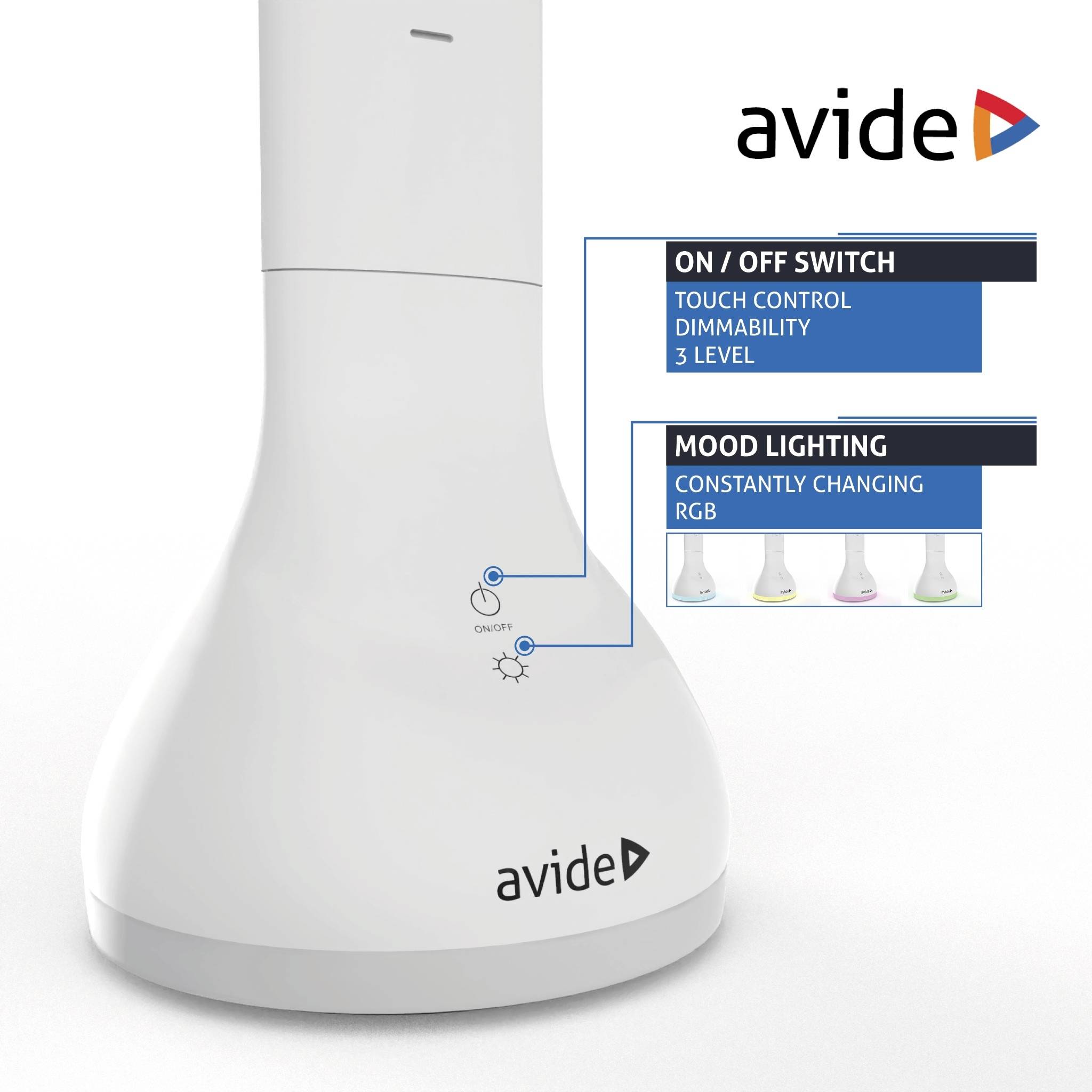 Bijela stolna lampa marke 'avide' s funkcijom dodirnog prigušivanja i RGB raspoloženjskim osvjetljenjem koje mijenja boje. Uključivač/isključivač je ugrađen.