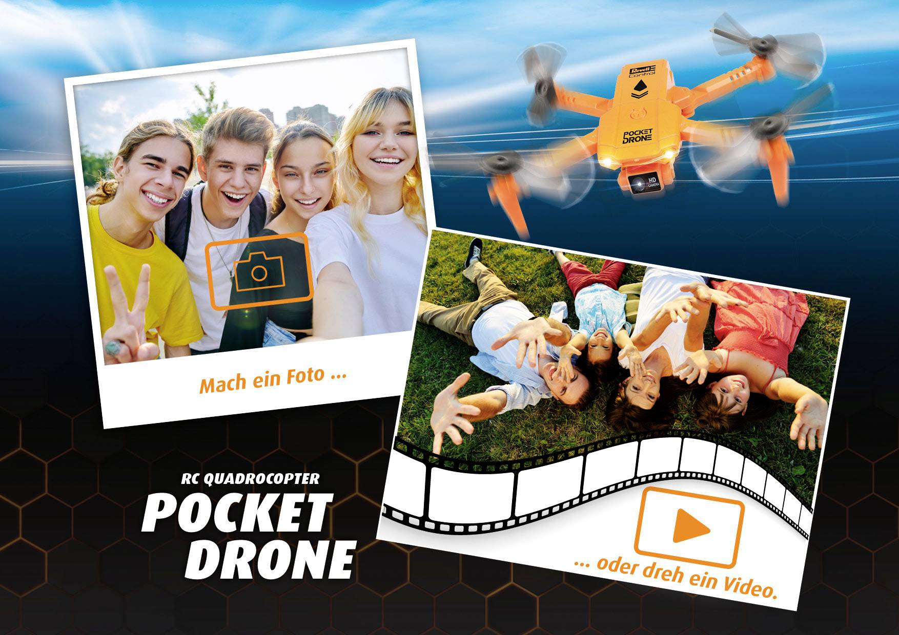 Grupa mladih ljudi pozira za selfie. Pored njih leti narančasta dron. Tekst: 'Napravi fotografiju ... ili snimi video.'