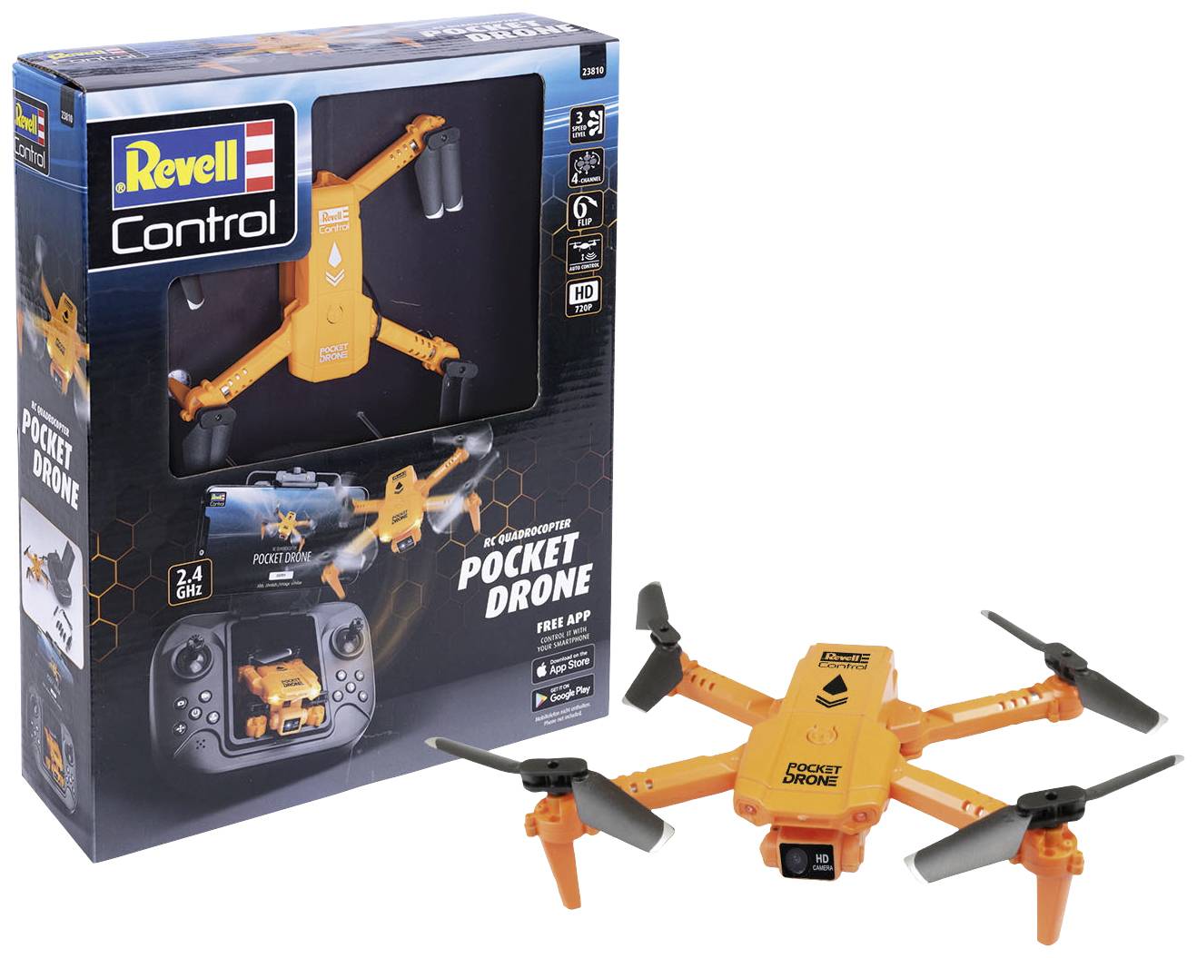 Narančasti Revell džepni dron pored ambalaže s prikazima i informacijama; uključuje kontroler; dron je kompaktan i prenosiv.