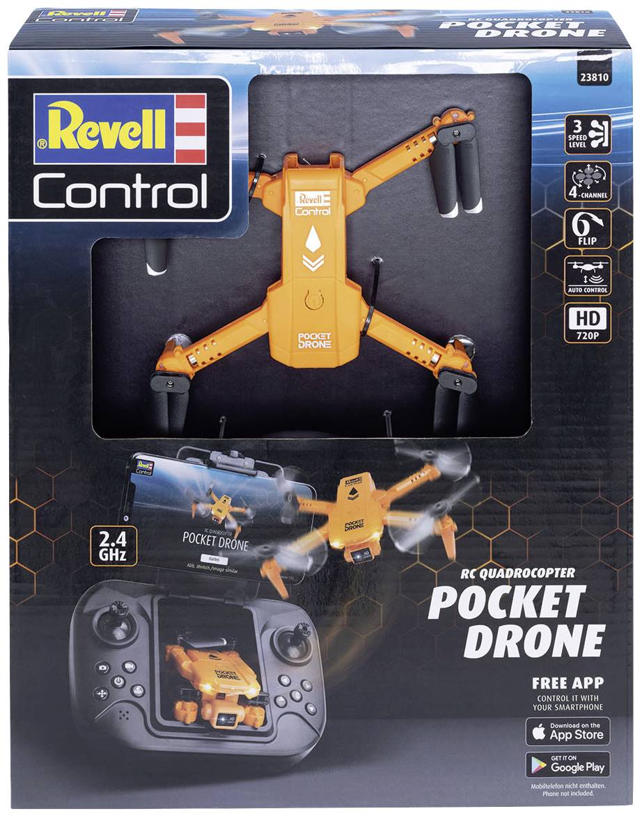 Paket RC-drona narančaste boje s daljinskim upravljačem i podrškom za mobilnu aplikaciju. Uključuje HD kameru rezolucije 720p, 2,4 GHz.