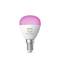 Philips Hue žarulja, gore svijetleći ružičasto, sa srebrnim postoljem, podesna za obojenu rasvjetu u pametnim sustavima.