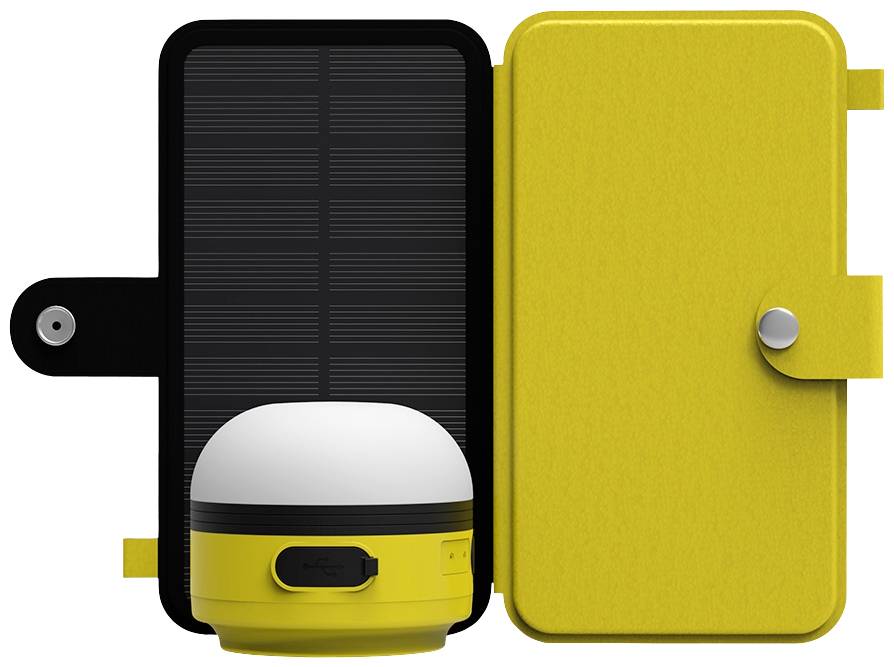 Prijenosni solarni punjač sa žutim kućištem, otvoren. Prikazuje okruglu bijelu i žutu lampu s solarnim panelom u unutrašnjosti.