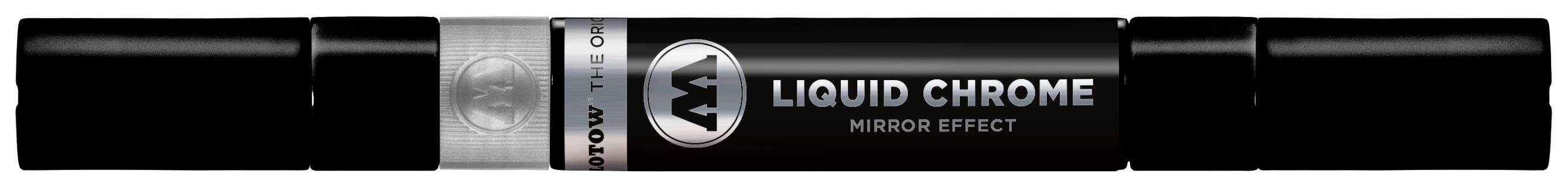 Crni kemijski olovak sa srebrnim prstenom i natpisom 'LIQUID CHROME MIRROR EFFECT', namijenjen postizanju zrcalno-kromnih efekata.