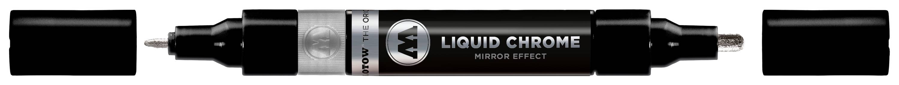 Marker 'Molotow Liquid Chrome' s dvije skidljive kape, na crnom kućištu označen srebrnom i bijelom bojom.