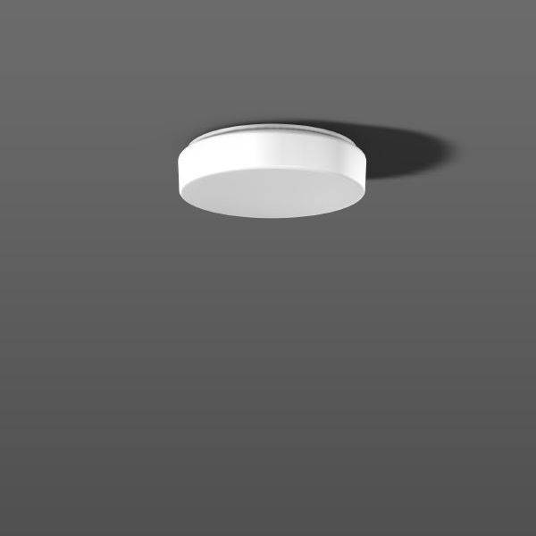 Okrugla, bijela stropna lampa na sivoj pozadini, stvara sjenu udesno. Minimalistički dizajn, modernog izgleda.