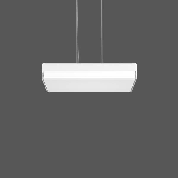 Pravokutna, moderna viseća lampa u bijeloj boji, s jednostavnim dizajnom, visi sa stropa. Minimalistički izgled na sivoj pozadini.