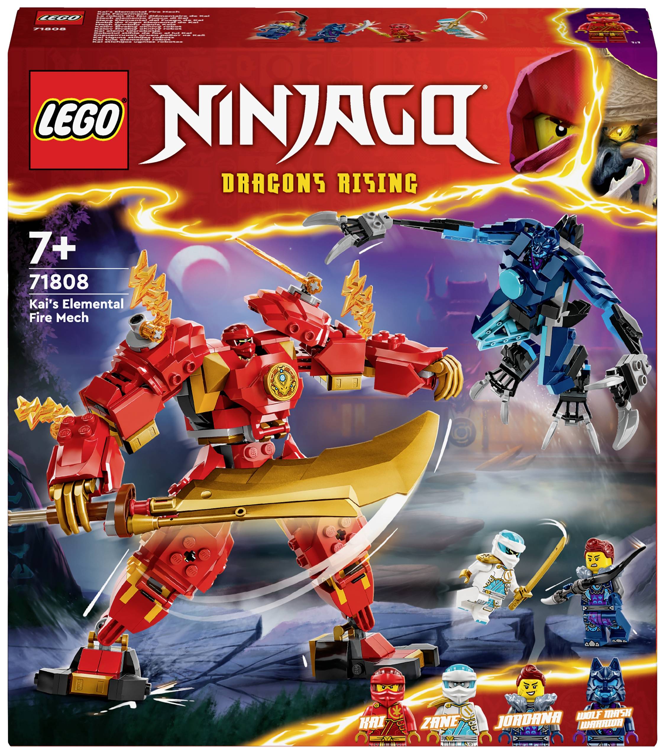 LEGO NINJAGO 'Budenje zmajeva' Set 71808, prikazuje crvenog meha s mačem u borbi protiv plavog protivnika, namijenjen djeci od 7 godina.