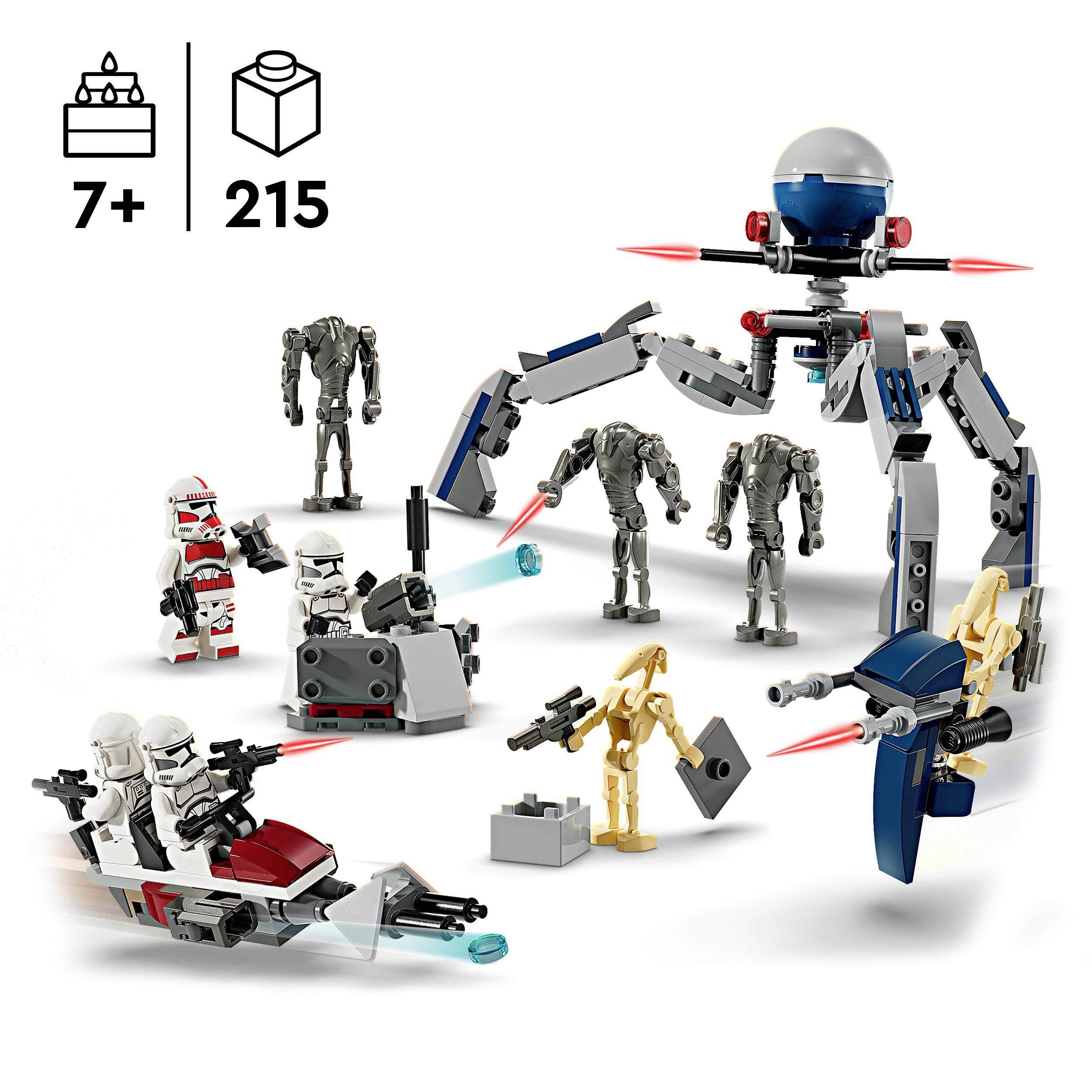 LEGO set za djecu od 7 godina s 215 dijelova, prikazuje droide, paučastog droida i dvije figure klonskih ratnika u borbi.