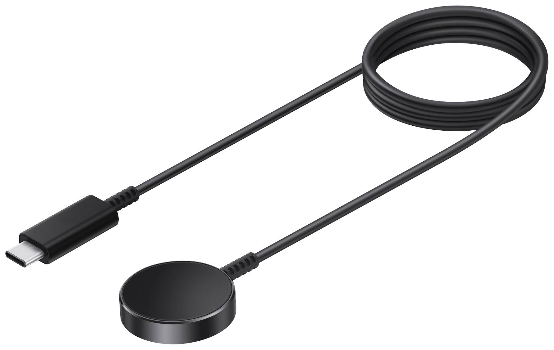 Crni USB-C punjač s magnetskim završetkom, pogodan za bežične punjače, leži na bijeloj pozadini.
