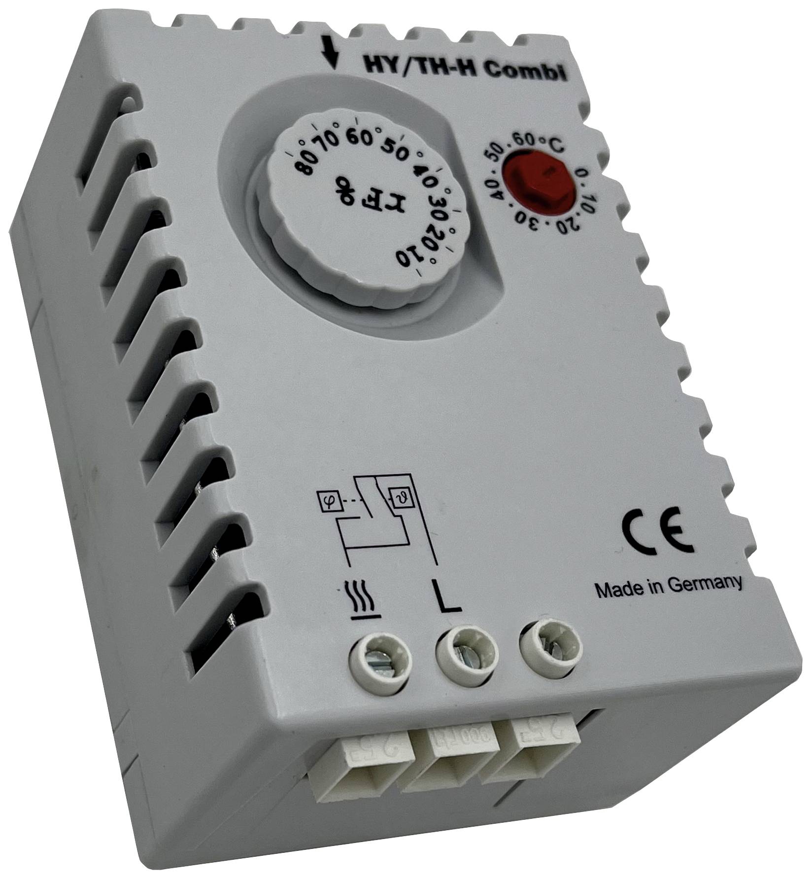Termostatski modul s regulatorom temperature, ljestvica od 0-60°C, CE oznaka i natpis 'Made in Germany'.