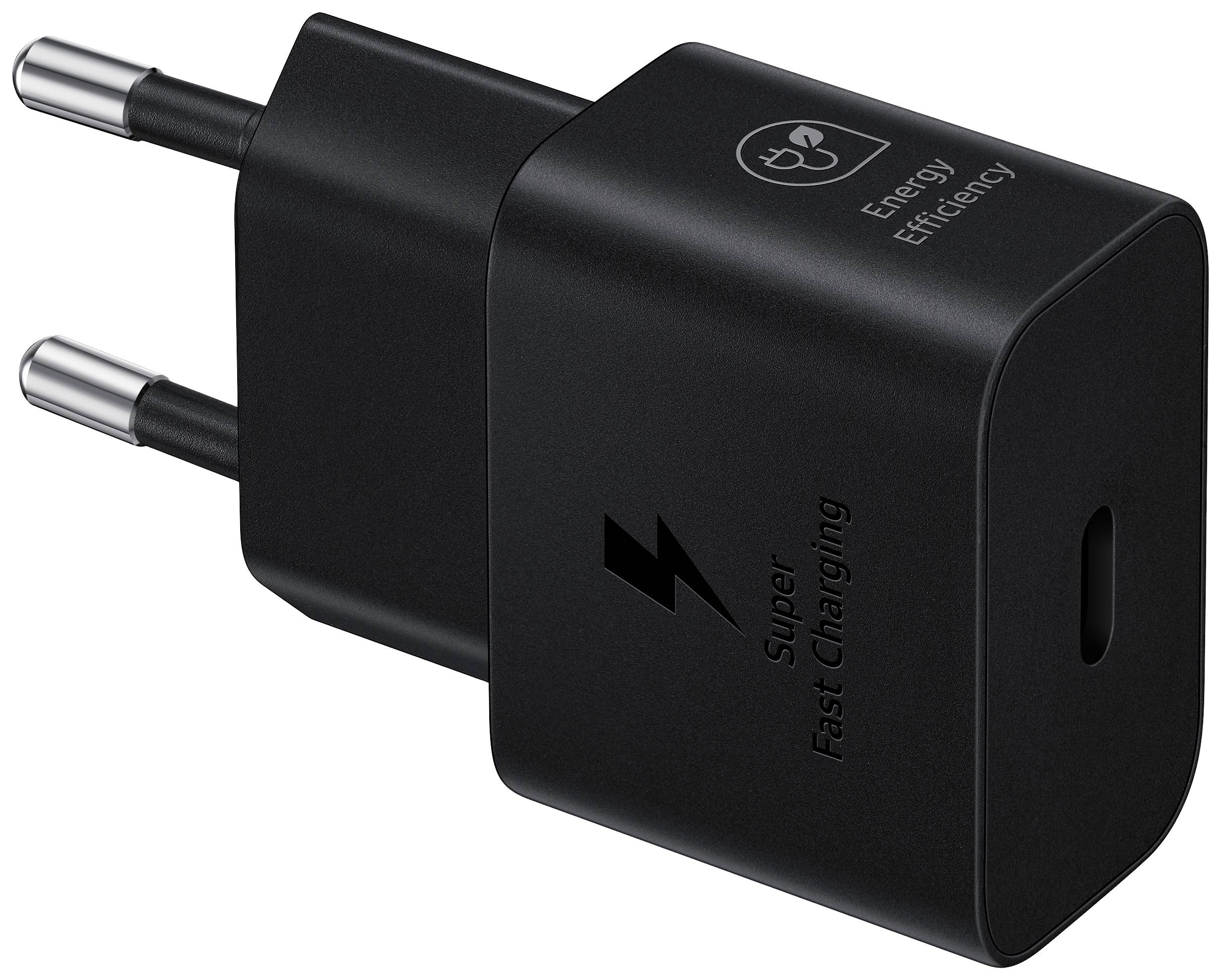 Crni USB punjač s dva okrugla utikača. Natpis: 'Super brzo punjenje'. Simboli pokazuju energetsku učinkovitost.