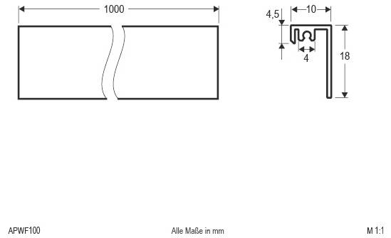 Tehnički crtež panela wide 1000 mm i profila s pravim kutom, s dimenzijama od 10, 18, 4,5 i 4 mm označenim u milimetrima.