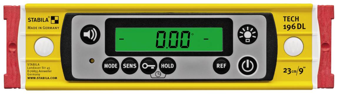 Elektronska libela žute boje s zelenim zaslonom prikazuje '0.00' stupnjeva. Naziv marke i modeli su vidljivi.