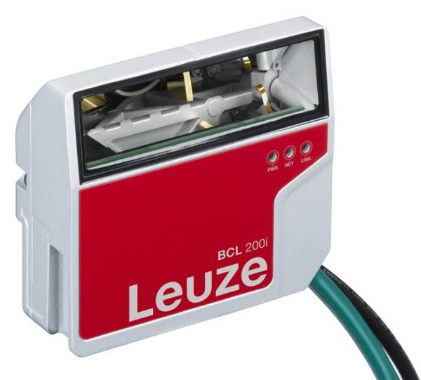 Crveni barkod skener tvrtke Leuze, model BCL 200i, s zaslonom i tri kontrolne lampice. Kabel je spojen sa strane.