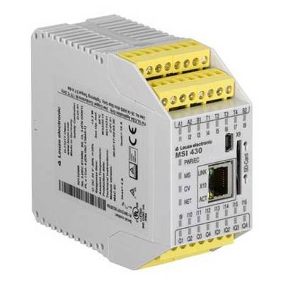 Zaštitni relejev modul s priključnim stezaljkama i oznakama; Model MSI 430 tvrtke Leuze electronic, za upravljanje u industrijskim primjenama.