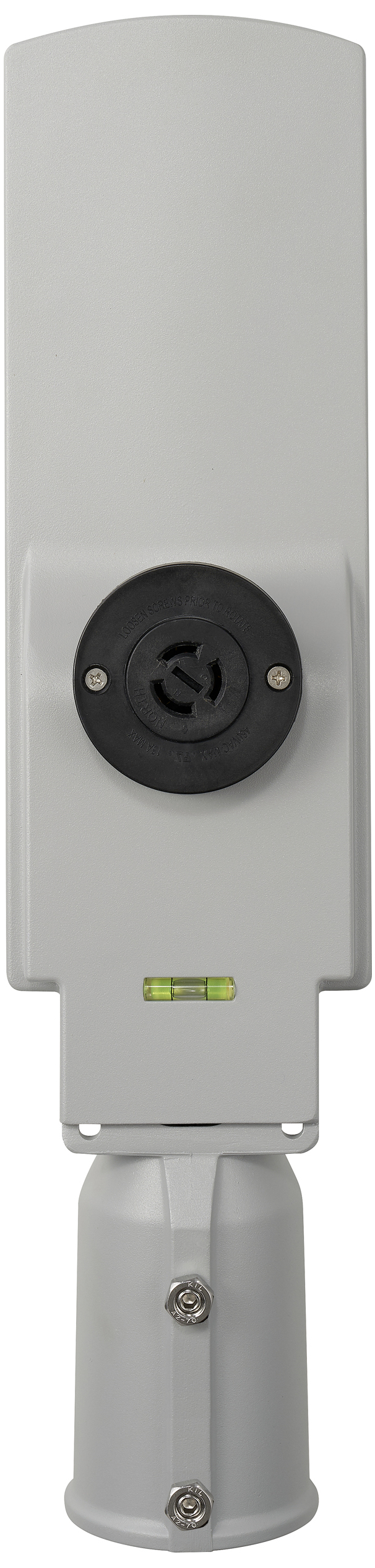 Siveni antenski uređaj s okruglom crnom pričvršćivačem i integriranom libelelom vidljiv je spreda.