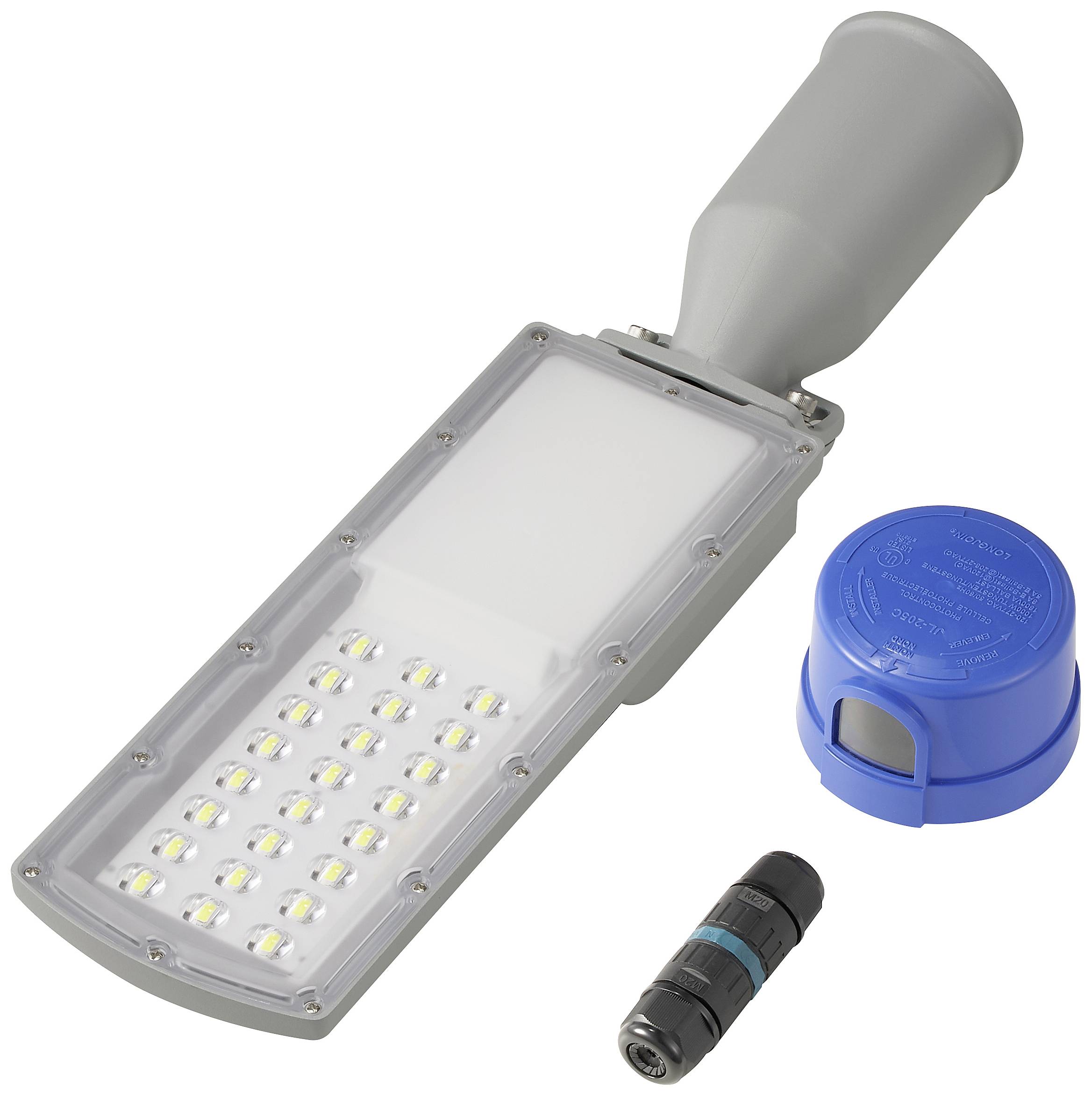 Elektronska LED-ulična rasvjetna glava sa 30 integriranih svjetiljki, senzorom i crnim električnim utikačem.