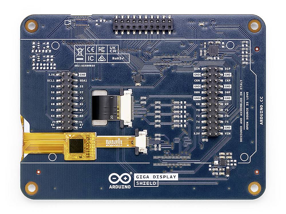 Plava-crna tiskana pločica s otisnutim elektroničkim sklopovima i priključcima, označena kao 'Arduino GIGA Display Shield'.