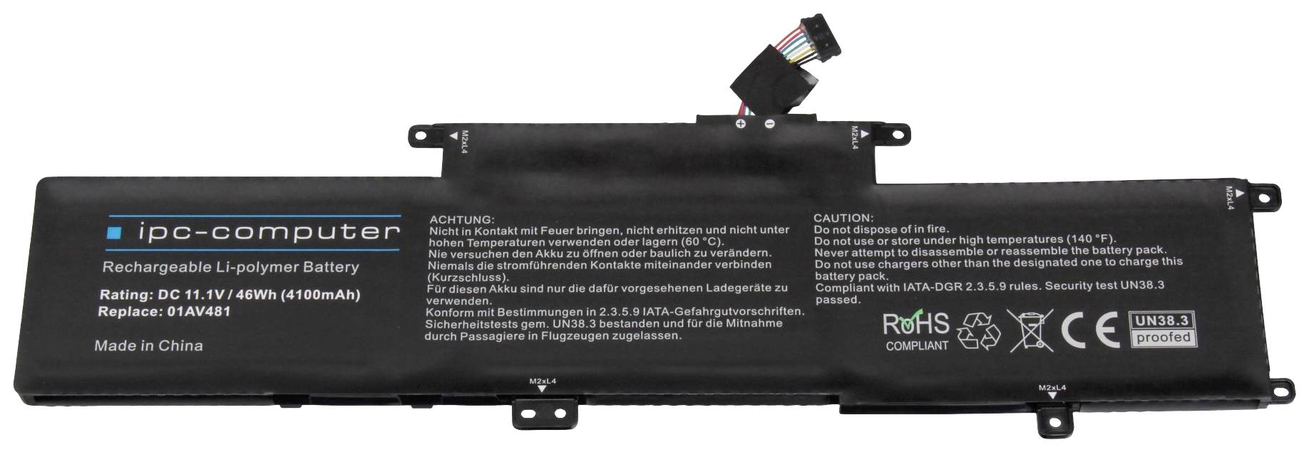 Crna litij-polimerska baterija s kabelom. Natpis: 'ipc-computer punjiva Li-Polimer baterija, 11,1V, 46Wh (4100mAh)'.
