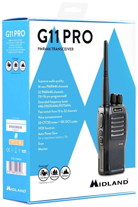 Ambalaža Midland G11 PRO PMR446 radio uređaja sa slikom uređaja i informacijama o kanalima, dosegu i funkcijama.