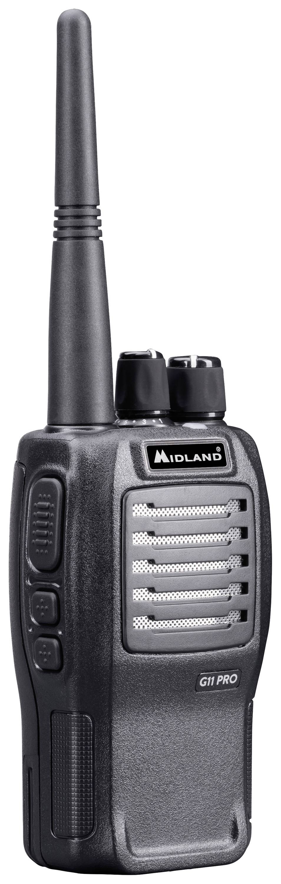 Ručna radio stanica s antenom, crnim kućištem i nekoliko gumba. Marka 'Midland', model 'G11 PRO'.