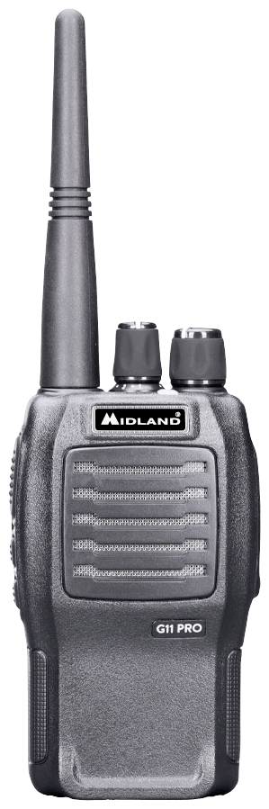 Crni radio uređaj s antenom i dvije okretne gumb, model 'G11 PRO' od Midlanda, namijenjen komunikaciji u različitim područjima.