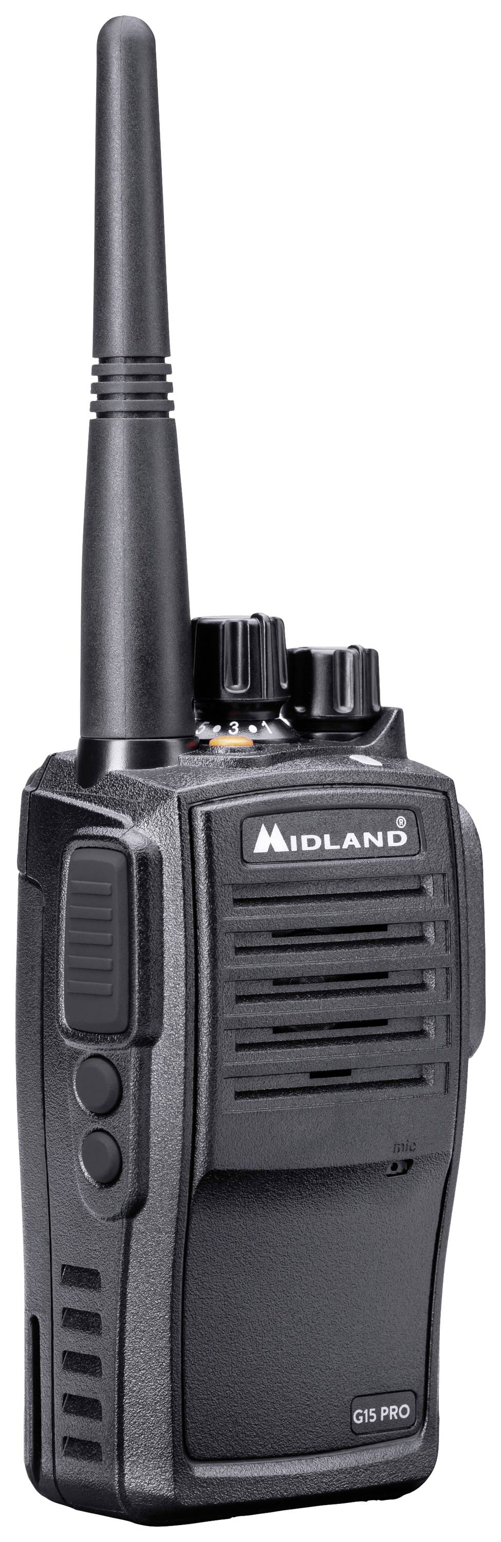 Crni radio uređaj s antenom i nekoliko tipki. Naziv marke 'Midland' na prednjoj strani.