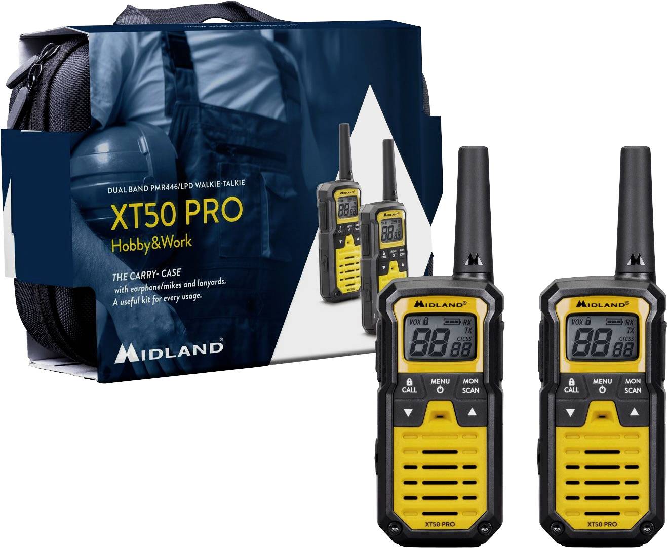 Dva žuto-crna walkie-talkija s digitalnim zaslonom ispred njihove ambalaže. Natpis 'Midland XT50 PRO Hobby & Work'.