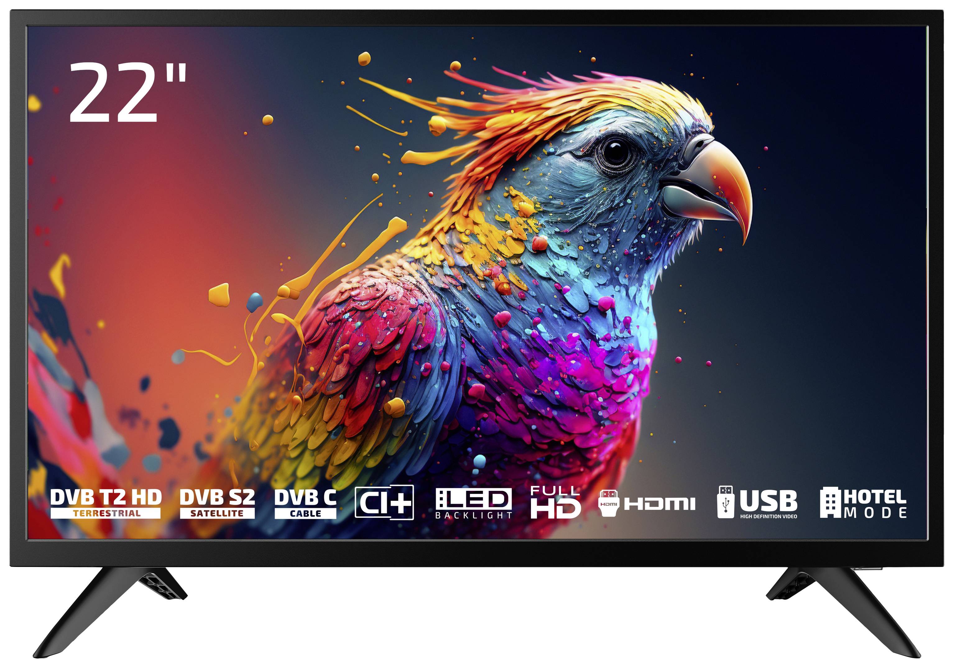 22-inčni televizor sa živahnom slikom papagaja na ekranu. Funkcije: DVB-T2/S2, CI+, LED, Full HD, HDMI, USB.
