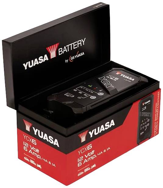 Punjač za 12-voltne baterije marke Yuasa, model YC6. Ambalaža prikazuje uređaj s priključcima i tehničkim podacima.