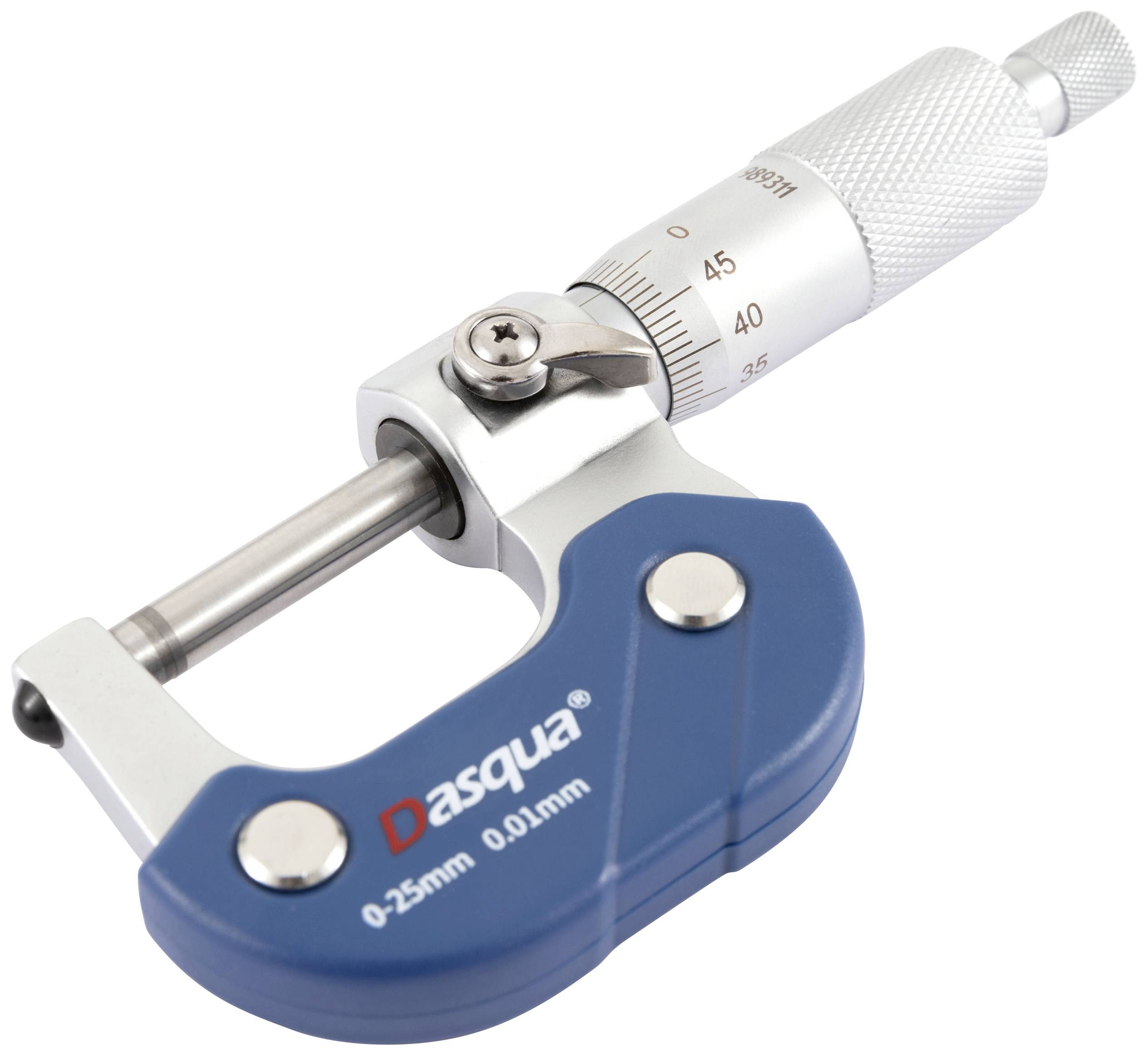 Plavi mikrometarski škripac tvrtke Dasqua s mjernom skalom od 0 do 25 mm za precizno mjerenje malih objekata.