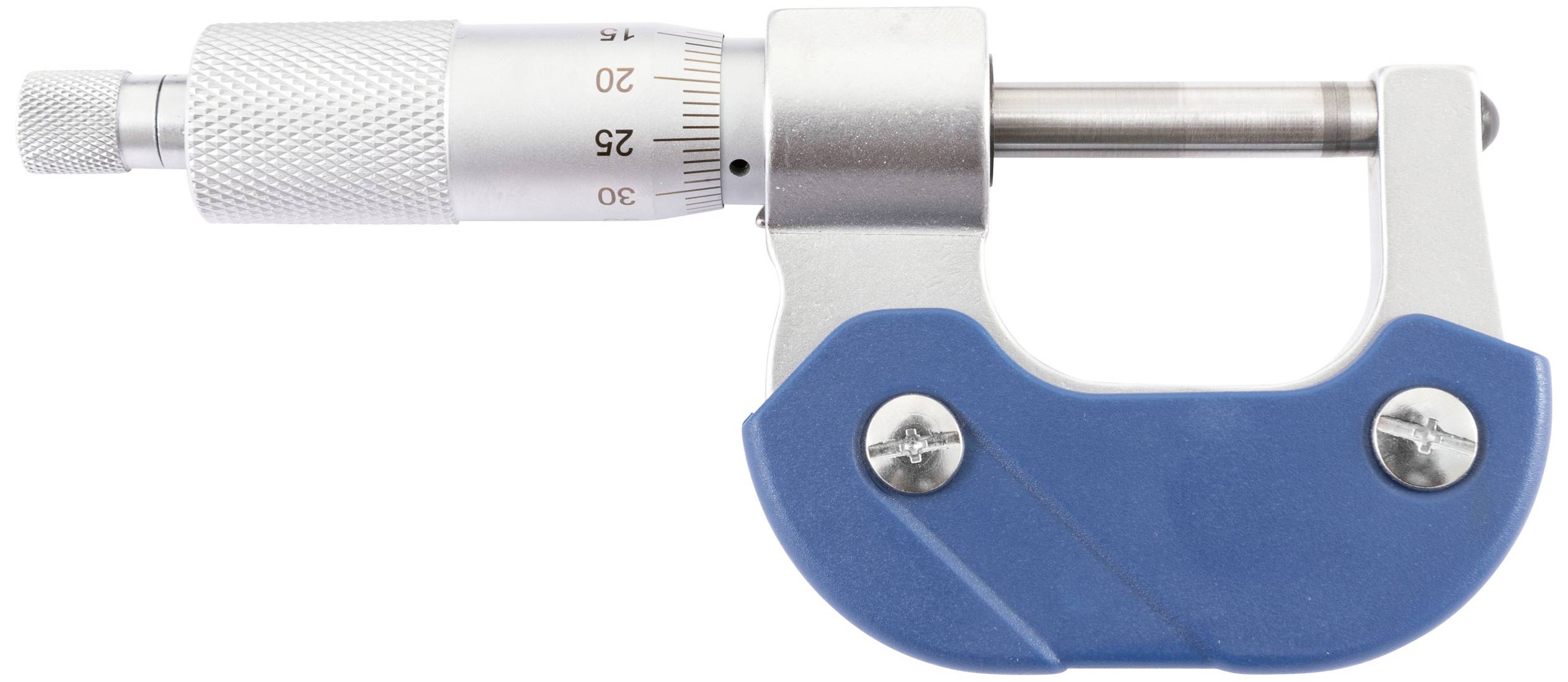 Plavi mikrometar za precizno mjerenje malih udaljenosti, sa skalom do 30 mm. Pogodan za tehničke primjene.