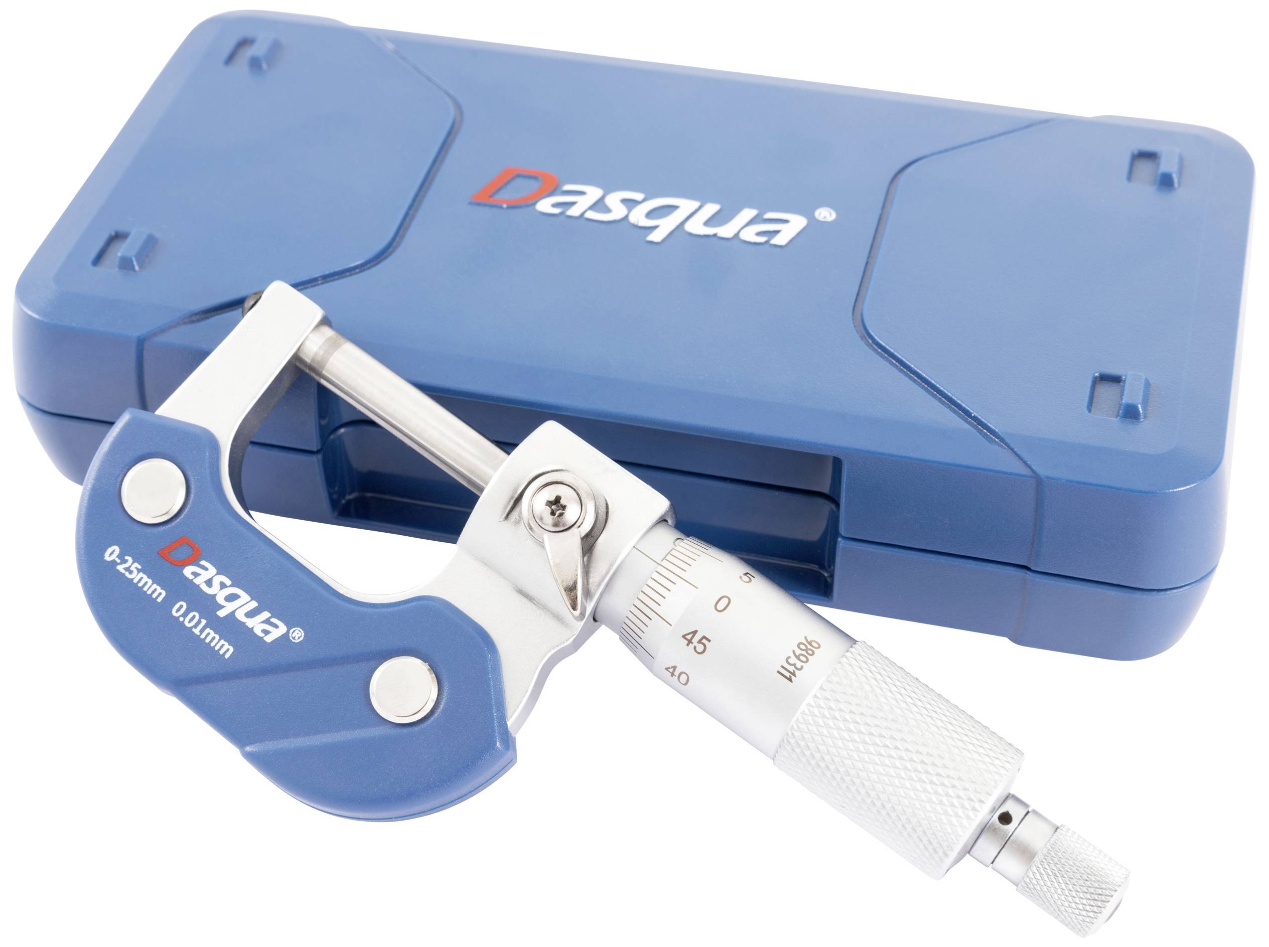 Mjerna vijak 0-25 mm pored plavog plastičnog etuija marke Dasqua. Skala pokazuje precizna mjerenja.