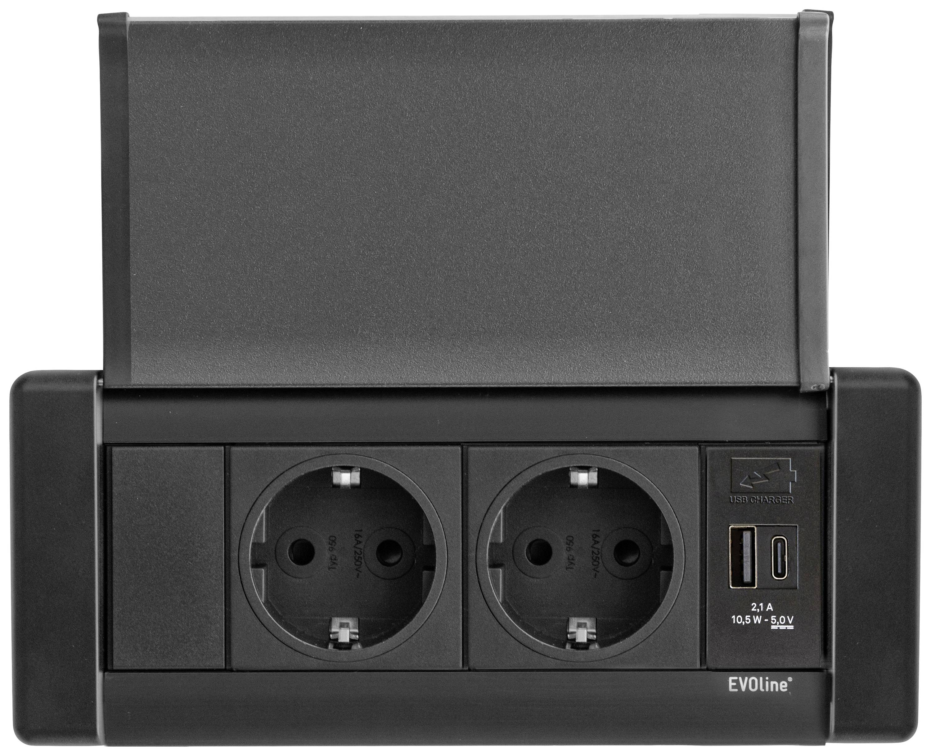 Crna razvodna letva s dva električna utičnika i dva USB priključka, gornji poklopac otvoren. Naziv marke 'EVOline' vidljiv.