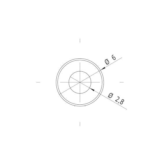 Tehnički crtež kruga s dva navedena promjera: 6 mm i 2,8 mm. Krugovi su koncentriški raspodijeljeni.