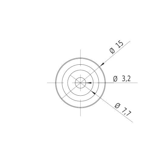 Tehnički nacrt kruga s promjerima: 15 mm, 3,2 mm i 7,7 mm. Vidljive su različite ravnine.