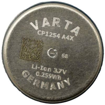 Okrugla gumbasta baterija s natpisom 'VARTA CP1254 A4X'. Specifikacije: Li-Ion, 3,7V, 0,259Wh. Oznaka proizvođača 'GERMANY'.