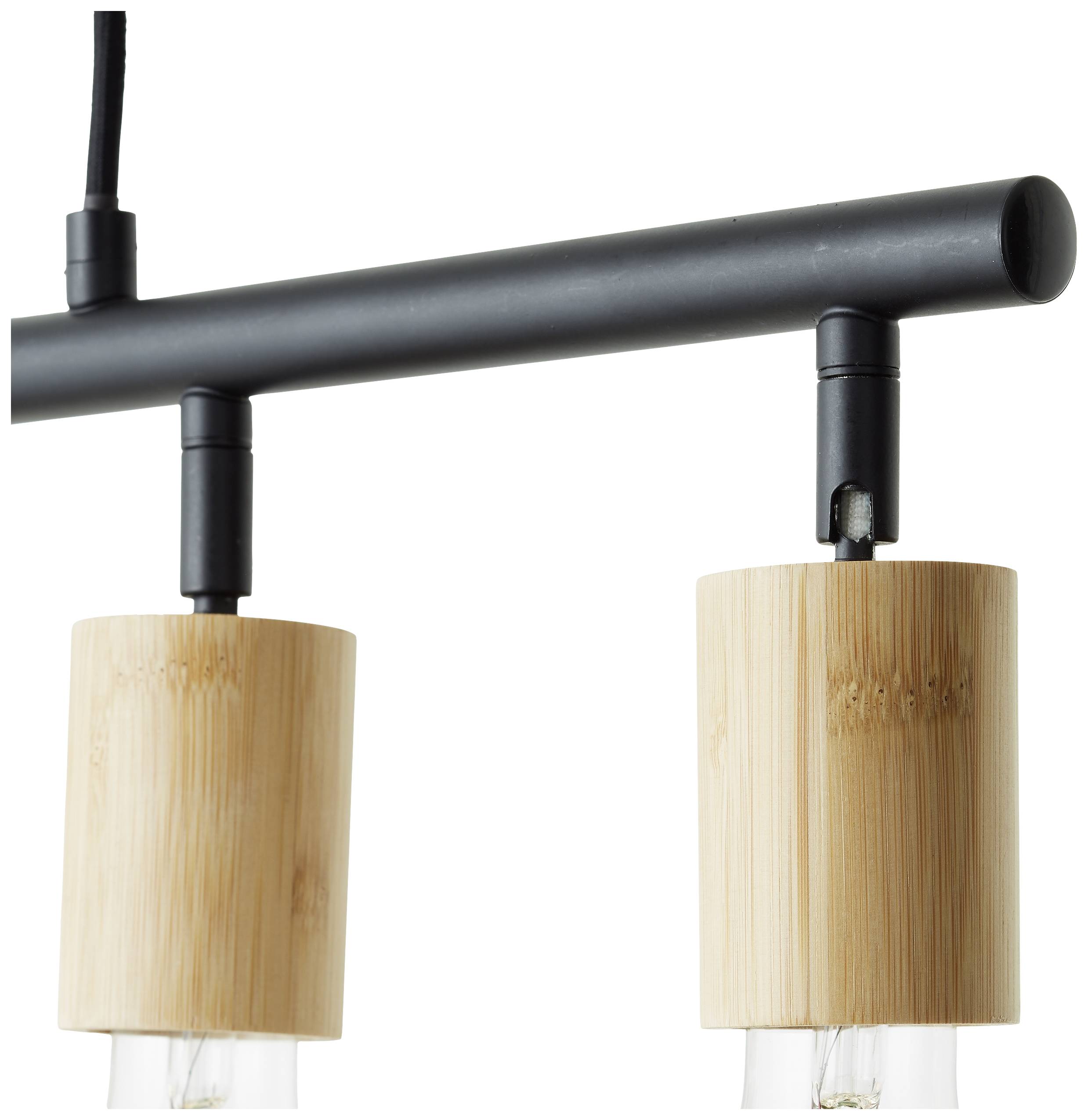 Stropna lampa s crnim metalnim okvirom i dva cilindrična sjenila od drva. Modernog i jednostavnog dizajna.