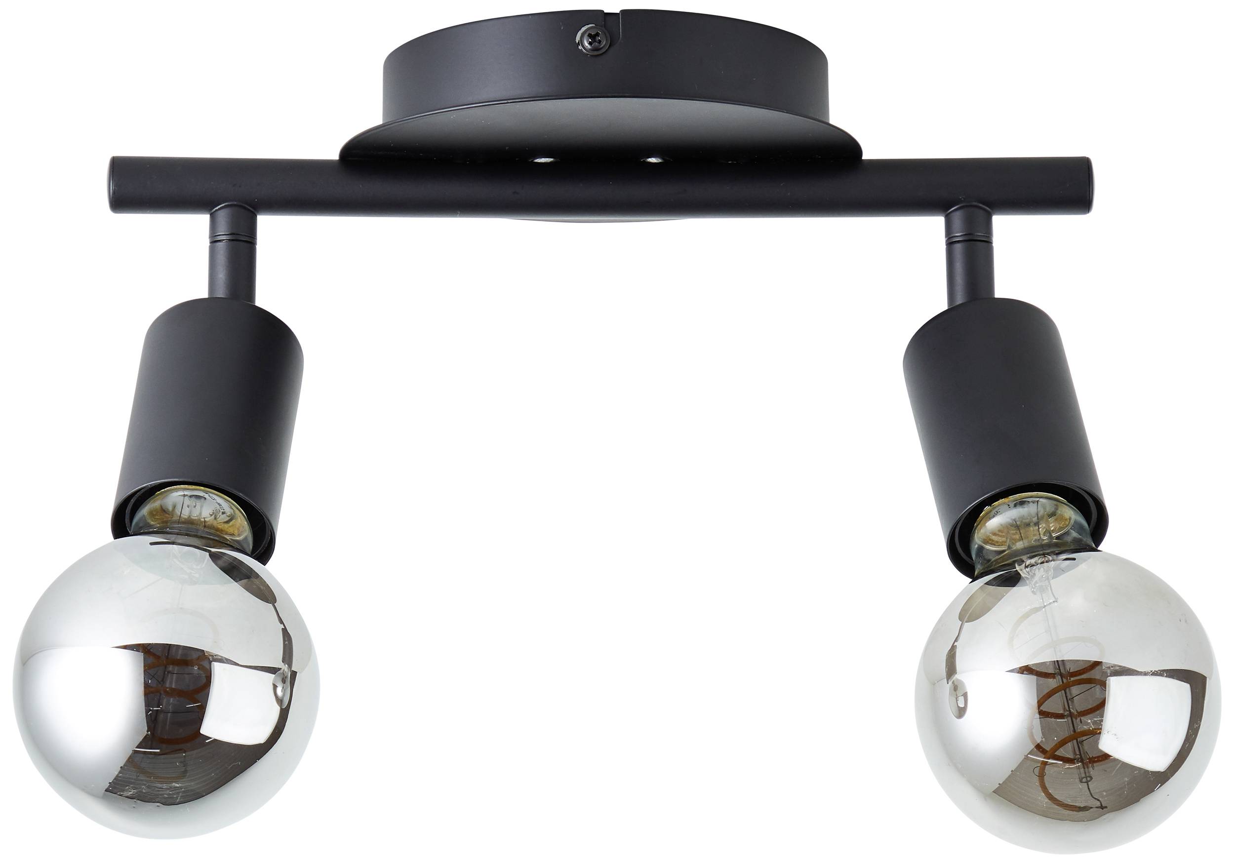 Dvije kuglaste stropne lampe s crnim kućištem pričvršćene na nosaču.