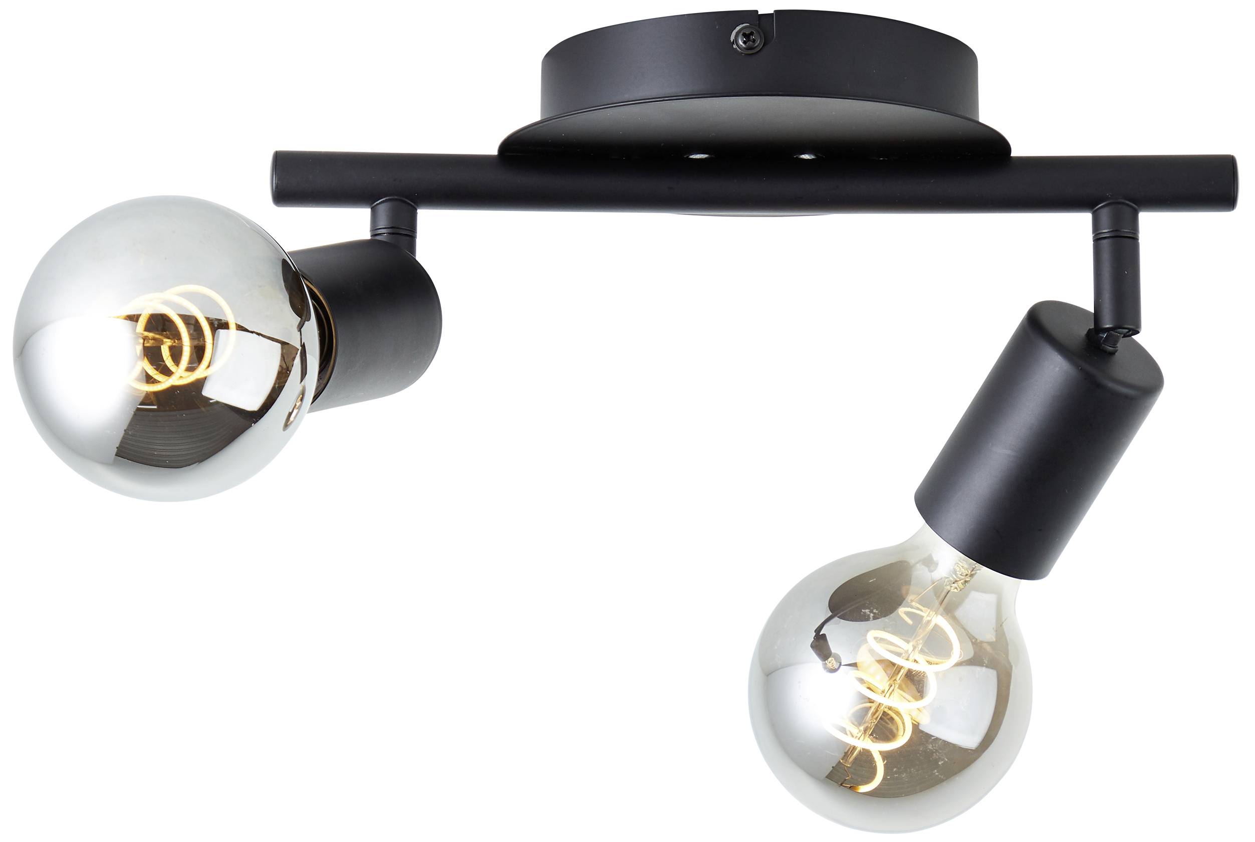Dvije crne stropne lampe s okruglim žaruljama pričvršćene na ravni metalni štap koje emitiraju toplu svjetlost.