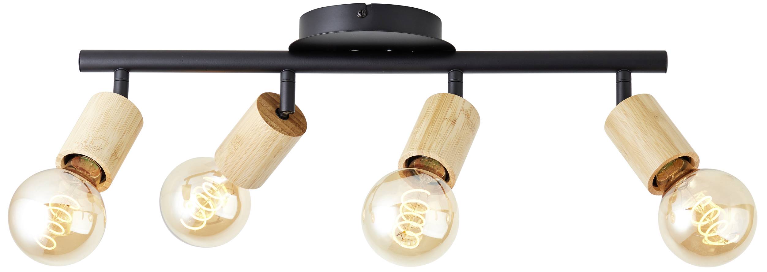 Stropna lampa s četiri drvene grljke koje drže okretljive žarulje. Modernog dizajna s toplim osvjetljenjem.