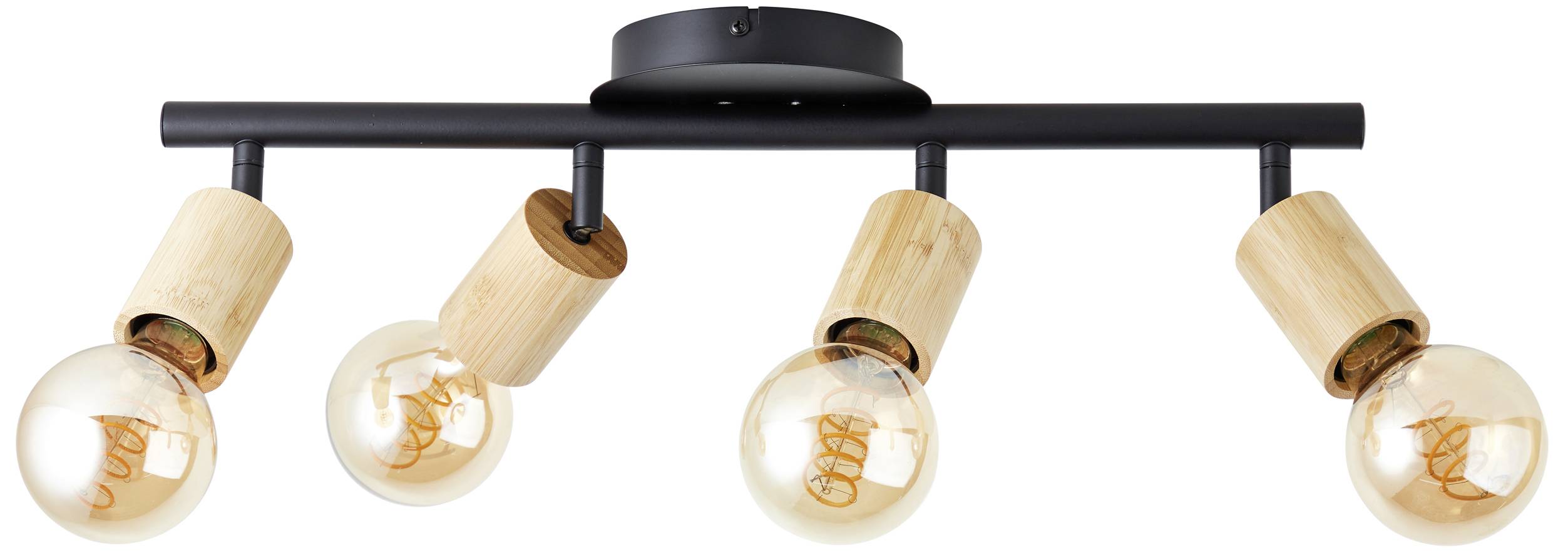 Stropna lampa s crnim metalnim okvirom i četiri drvene utičnice. Svaka utičnica drži jednu žarulju. Moderan dizajn za stambene prostore.
